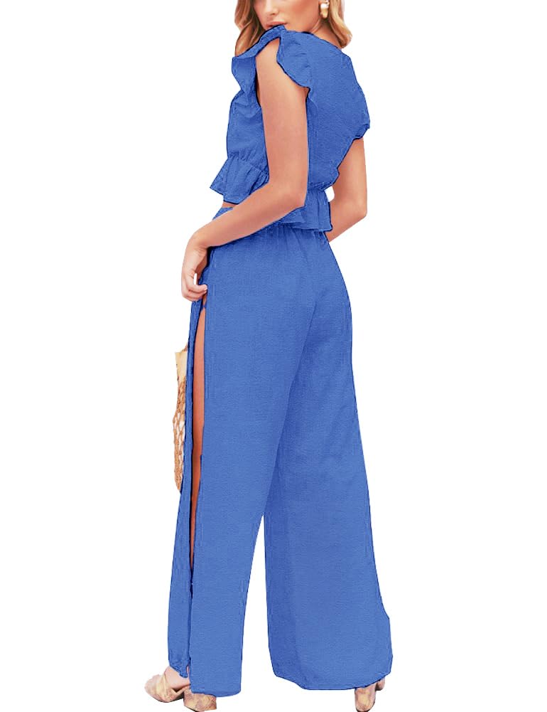 FANCYINN Womens Two Pieces Outfits Deep V Neck Crop Top Side Slit Drawstring Wide Leg Pants Set Jumpsuits Royal Blue L - Image 3